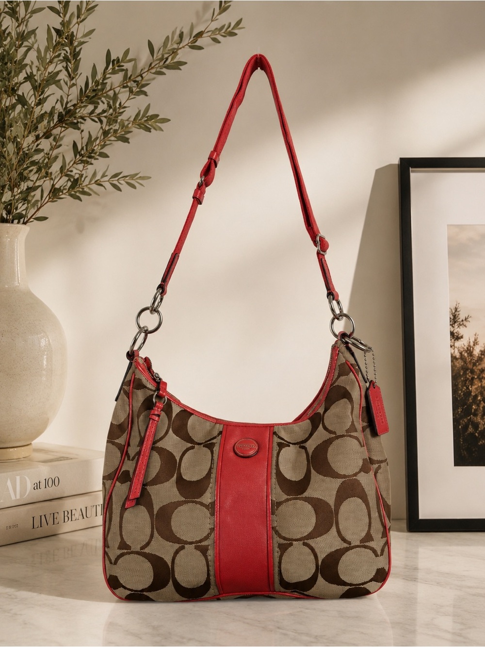 Coach Brown and Red Signature Canvas Hobo Shoulder Bag